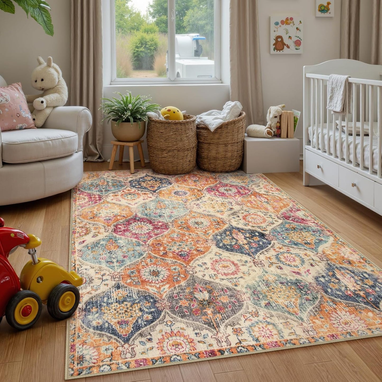 SKY-TOUCH Moroccan Retro Washable Area Rug, 100x160cm Soft Rug for Bedroom Kitchen Office Entryway Bathroom, Non-Slip Oriental Accent Throw Carpet,Cream/Multi Color