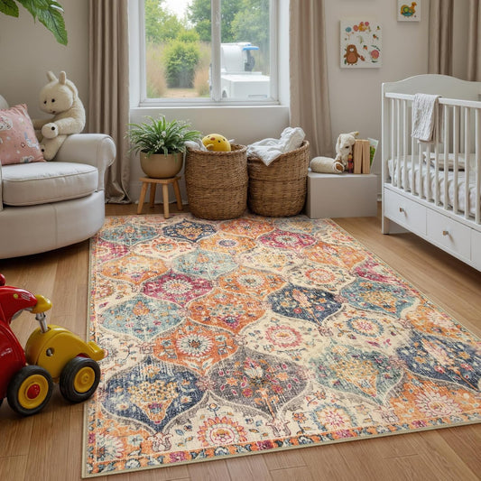 SKY-TOUCH Moroccan Retro Washable Area Rug, 100x160cm Soft Rug for Bedroom Kitchen Office Entryway Bathroom, Non-Slip Oriental Accent Throw Carpet,Cream/Multi Color