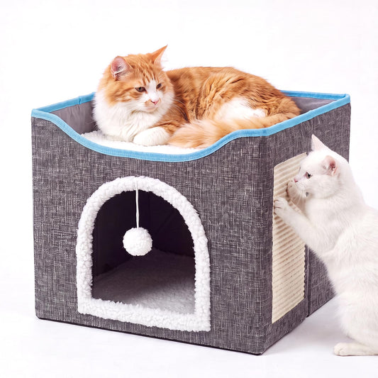 SKY-TOUCH Foldable Cat House Cave Bed with Scratching Board & Fluffy Ball, Indoor Cat Igloo Bed for Multi Small Pets, Grey – Pet Safe Durable, 41x41x35cm