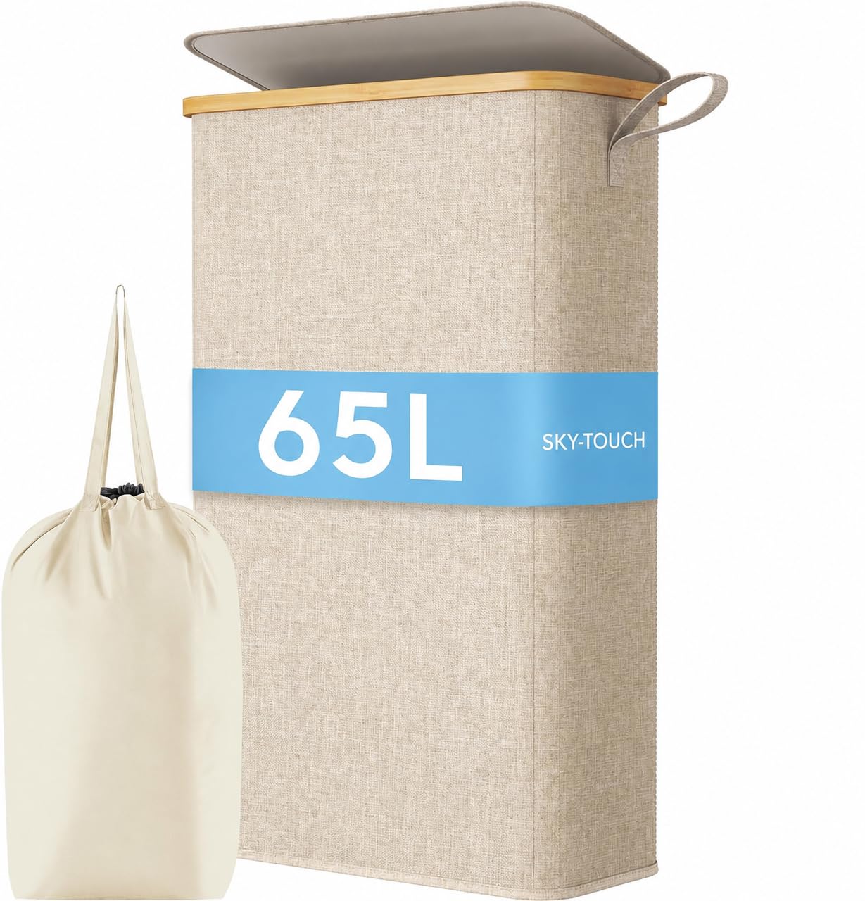 SKY-TOUCH 65L Slim Laundry Basket with Lid, Beige Foldable Laundry Hamper with Removable Inner Bag, Narrow Clothes Basket for Bedroom, Bathroom, Laundry Room & Dorm, 41x22x72cm, Beige