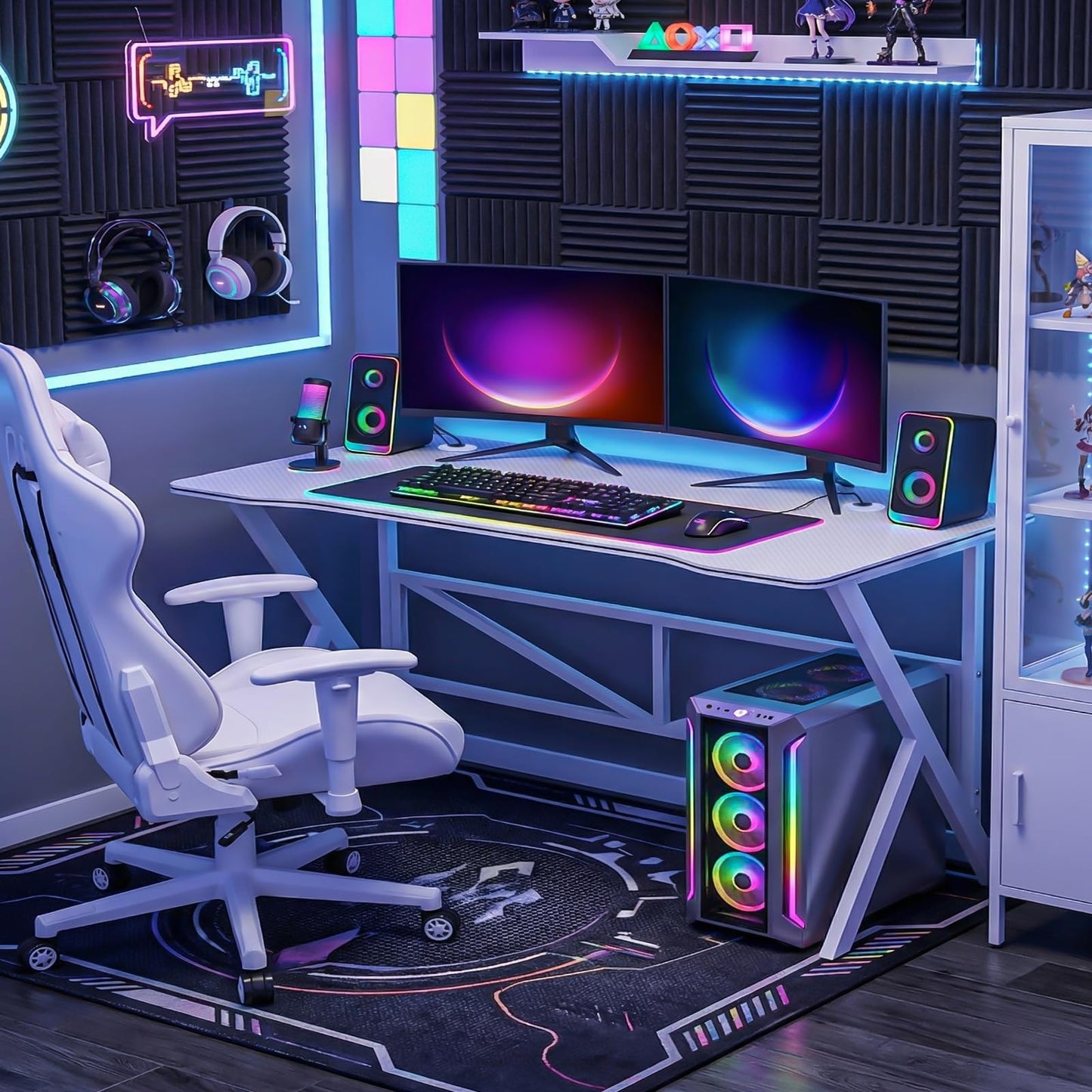 SKY-TOUCH 120x60cm Gaming Computer Desk, Home Office Computer Desk, Minimalist style Gamer Desk with Carbon Fiber Desktop K-Shaped Ergonomic Computer Desk for Home Office,White