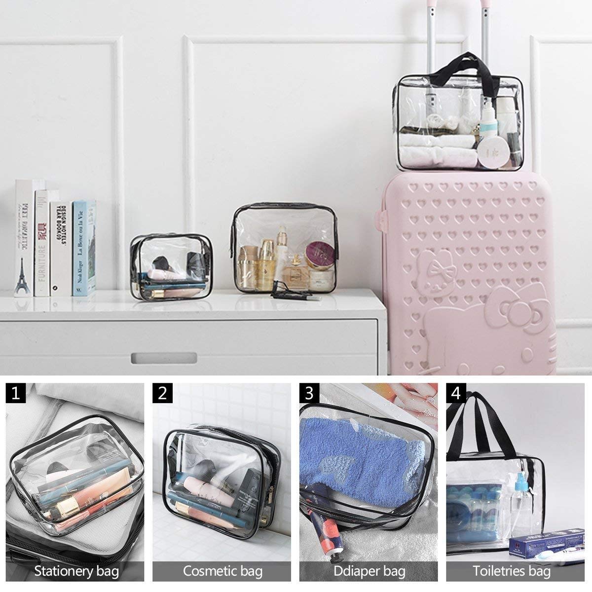 3Pcs Clear Cosmetic Bag Vinyl Air Travel Toiletry Bags Bulk, Water Resistant PVC Packing Cubes with Zipper Closure & Carry Handle for Women Baby Men, Make up brush Case Beach Pool Spa Gym Bag, Black