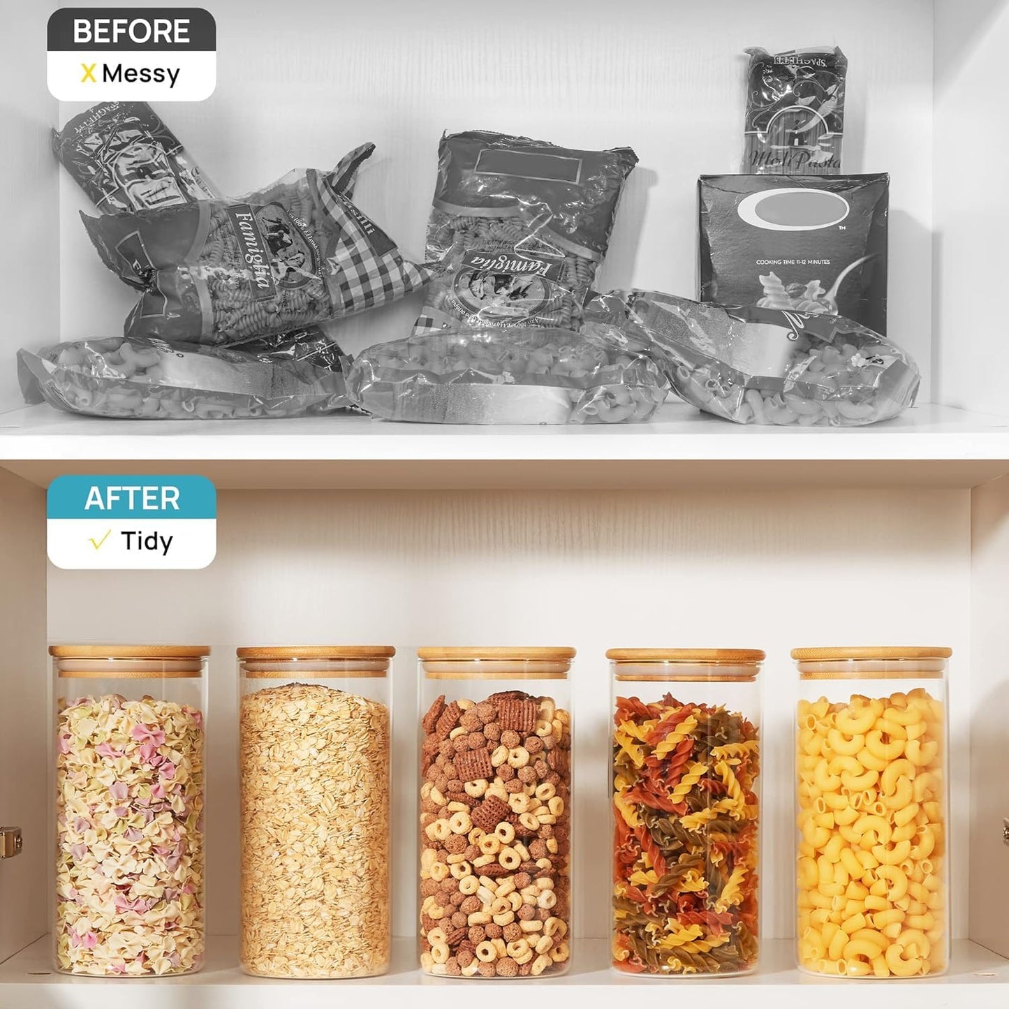 SKY-TOUCH 3 PACK Airtight Glass Jars with Bamboo Lids, Storage Jars with Labels, Airtight Food Containers, Clear Glass Bulk Food Canister for Food, Coffee, Spice, Sugar, Herb, Cookie, Tea, 10x10x30cm