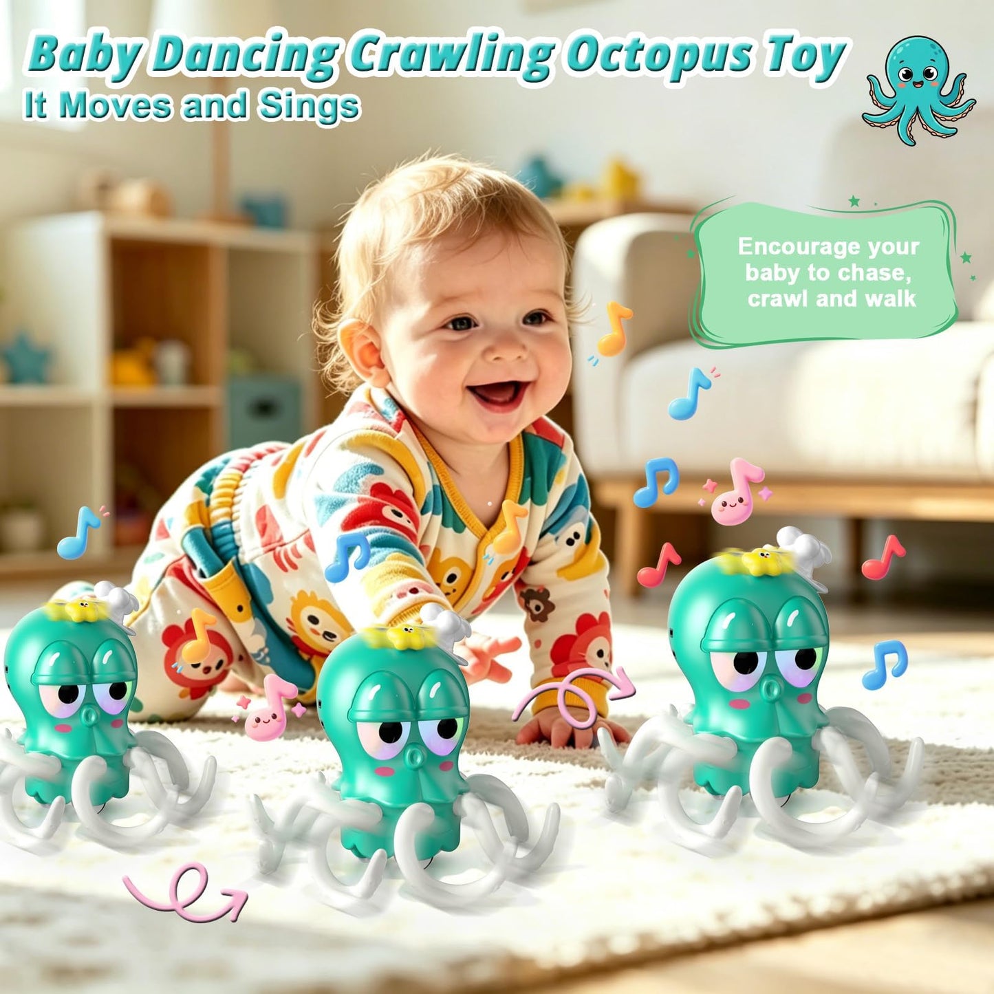 SKY-TOUCH Dancing Octopus Kids Toy, Baby Tummy Time Crawling Toys, Dancing Squid with Music & Light for Boys Girls, Infant Learning Crawling Walking Toy Toddler Birthday Gifts, 18 month+