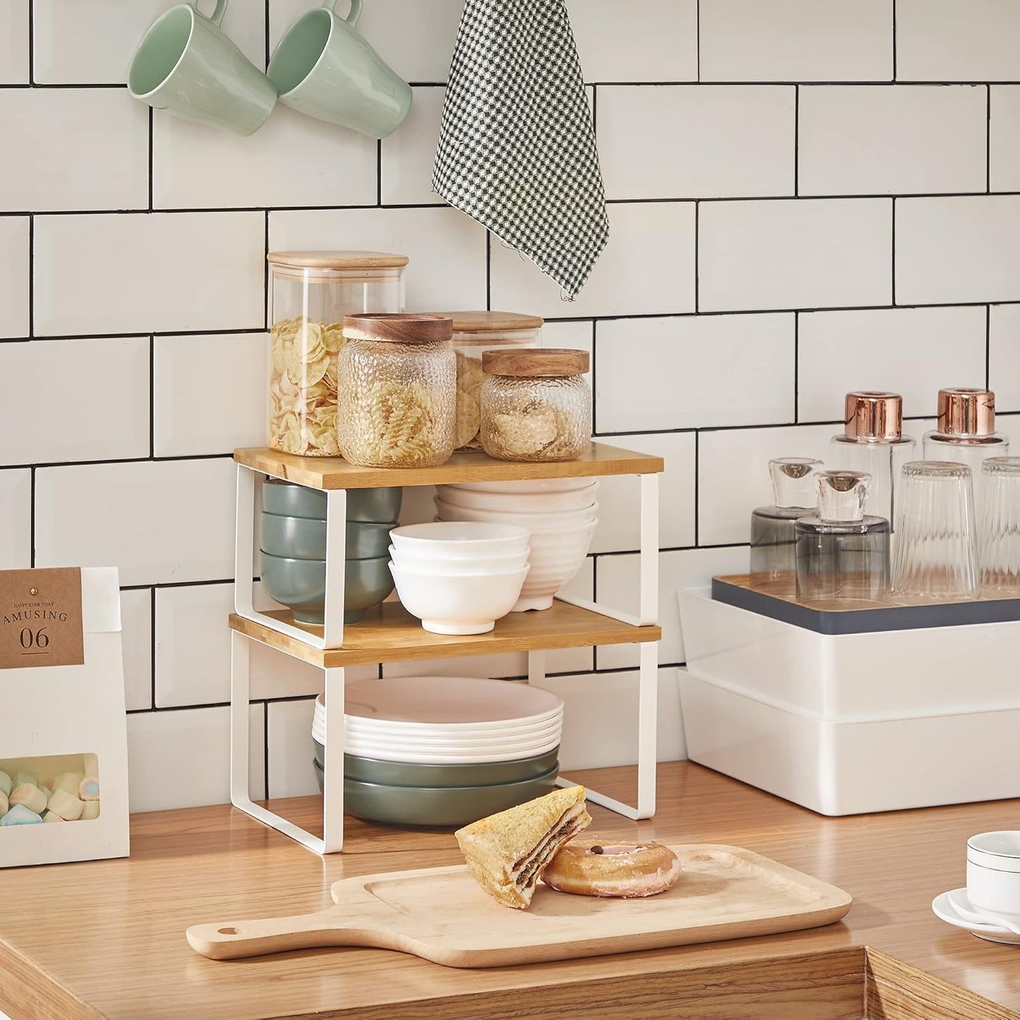 SKY-TOUCH Stackable Kitchen Organizer Shelf, Set of 2 Counter Shelves– 30×19×14cm & 30×19.5×16cm, Natural wood color rack, Metal & Engineered Wood, Storage Solution for Pantry & Countertop