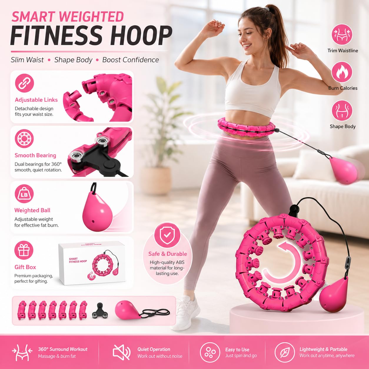 SKY-TOUCH Weighted Hula Hoop for Women, 24 Detachable Links Fitness Hoop, Adjustable Smart Waist Exercise Ring for Weight Loss, Core Workout, Quiet Rotation, Adults & Beginners