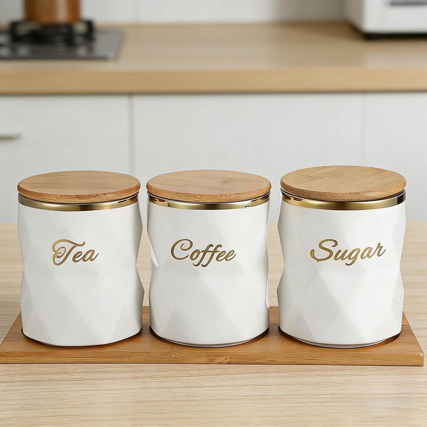 SKY-TOUCH Ceramic Canisters Set of 3 - Airtight Storage Jars for Sugar, Coffee & Tea | Elegant Kitchen Counter & Dining Room Decor with Lids