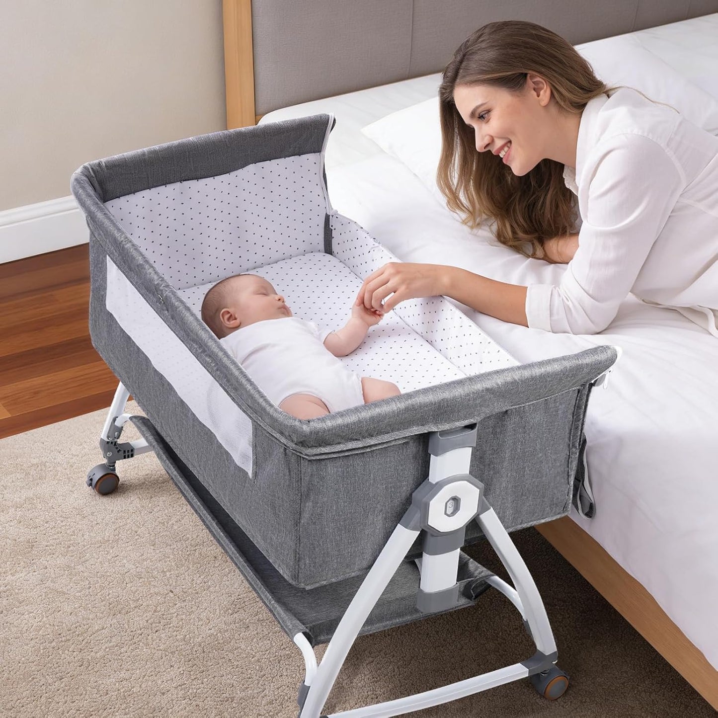 SKY-TOUCH Baby Bedside Crib Adjustable, Baby Cradle with Large Storage Basket, Travel Crib with Mattress Breathable Net,Mosquito Detachable, Soft s 360°Swivel Wheels, for Infants Newborn, Grey