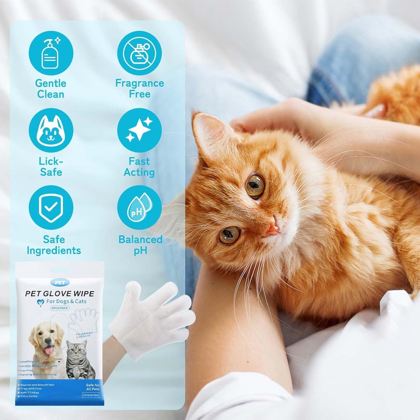 SKY-TOUCH 6Pcs Extra Thick Pet Washing Glove Wipe, Rinse-Free Cleaning & Deodorizing Bathing Mitts, Hypoallergenic Grooming Gloves, Moisturizing & Odor Control for Cat & Dog Daily Care and Travel