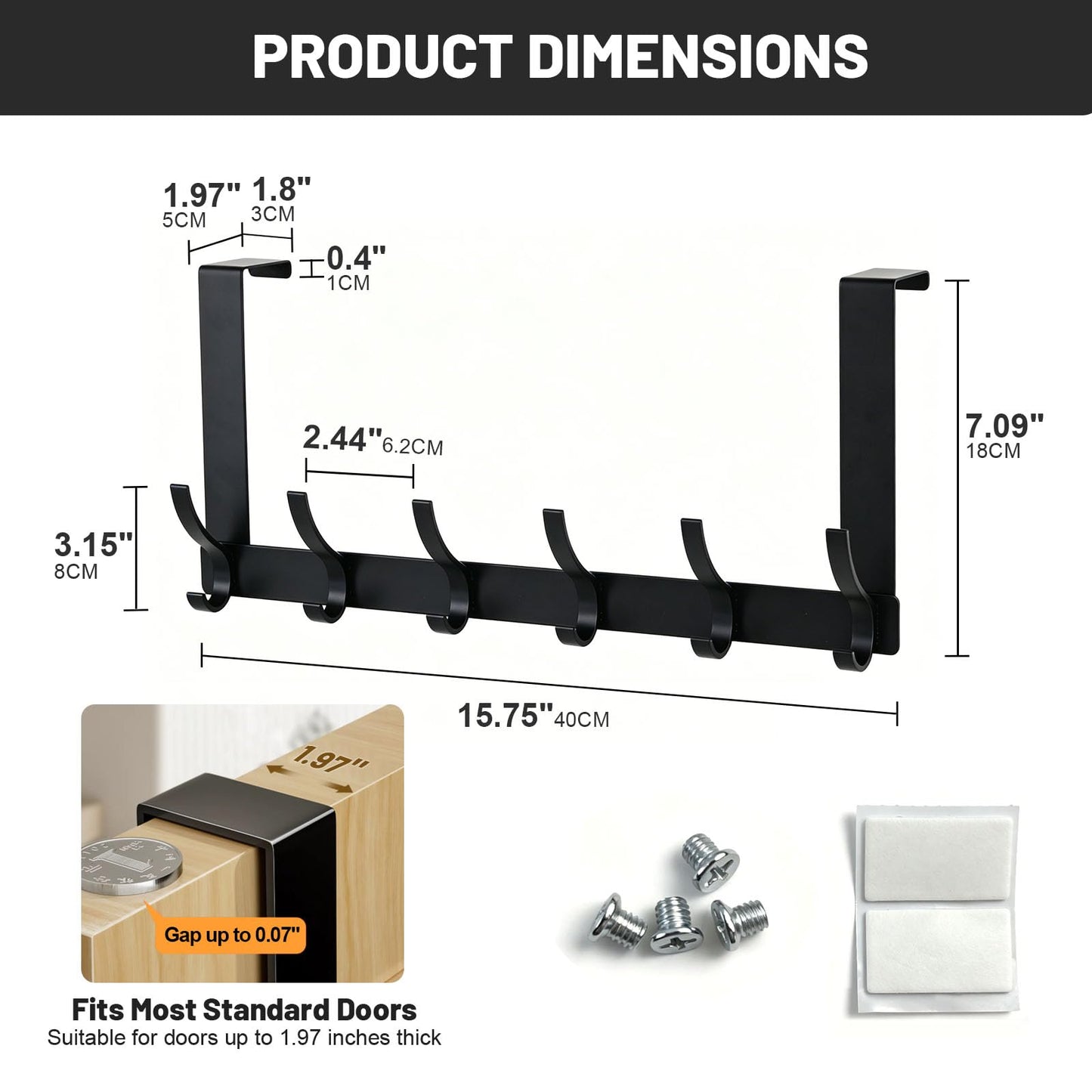 SKY-TOUCH Over Door Hook Hanger 6 Hooks, for Hanging Clothes, Hats, Coats, Towels, Robes - Rust Resistant Door Hanger with 6 Hooks, 20KG Maximum load, Aluminum, 40x18cm