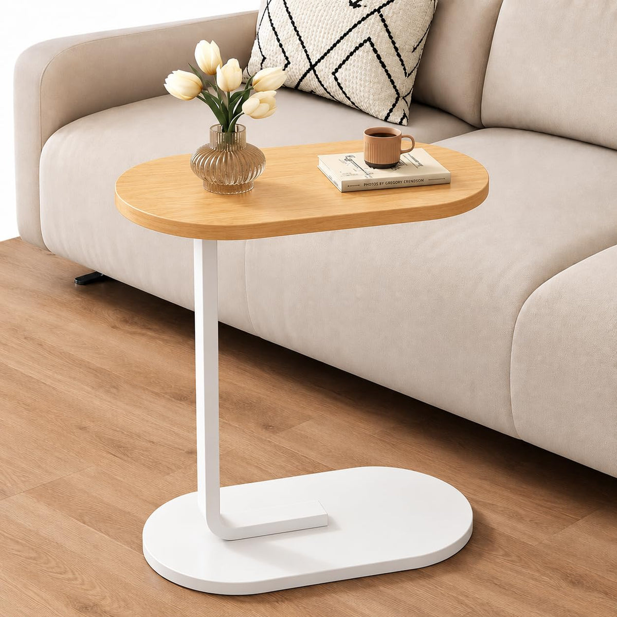 SKY-TOUCH C-Shaped End Table, Small Side Table for Couch, Sofa table, Perfect Snack Table with Metal Frame for Bedroom, Living Room & Small Spaces, Overbed Tables (White) - 45x28x58.5cm