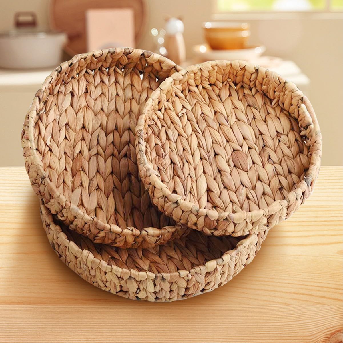 SKY-TOUCH Wicker Storage Tray Baskets Set of 3, Handwoven Grass Organizer Trays, Rustic Woven Baskets for Coffee Table, Cabinet, Shelf, Fruit and Home Decor