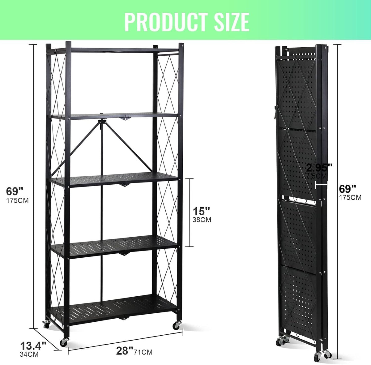 SKY-TOUCH 5 Tier Thickened Foldable Storage Shelves with Wheels, Heavy-Duty Metal Standing Shelf Units, Large Capacity Storage Racks for Kitchen, Garage, Basement, Tool Room, No Assembly (Black)