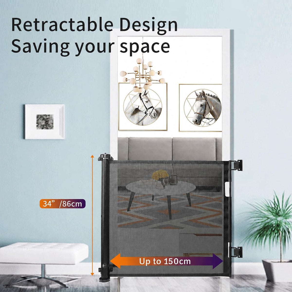 SKY-TOUCH Retractable Baby Safety Gate (150 x 86 cm Mesh Pet Gate) – Drill-Mount Installation, Adjustable Width Suitable for Stairs, Doorways, and Hallways, Black