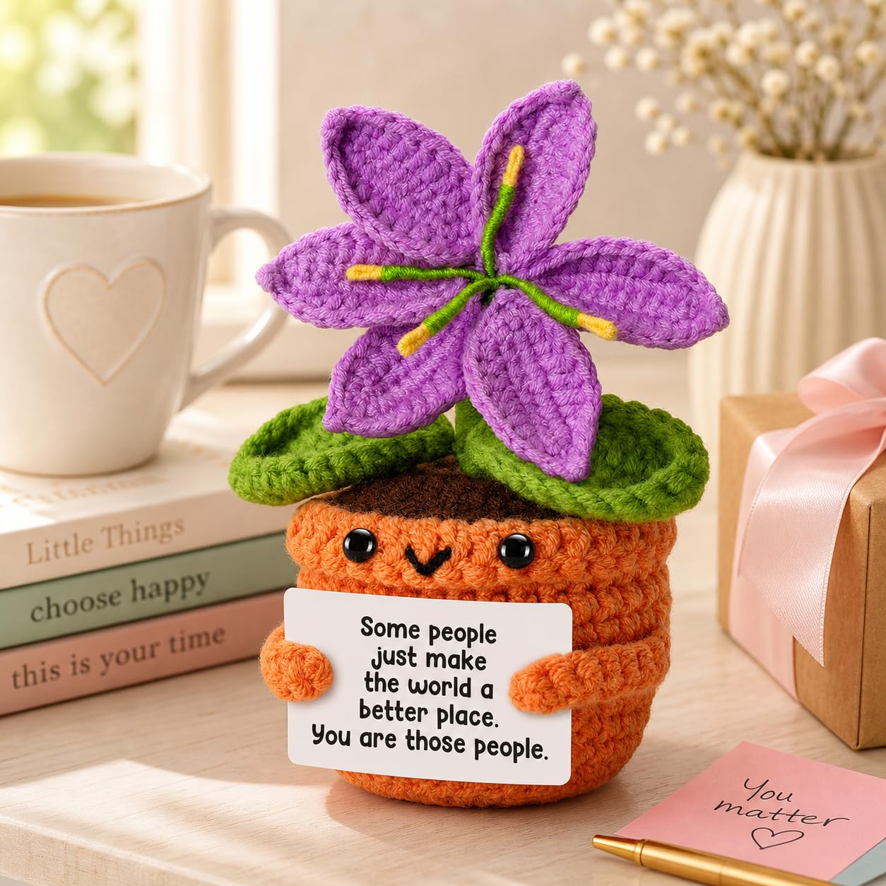 SKY-TOUCH Crochet Doll, Plush Purple Lily With a Bonus Positive Energy Card A Handmade Crocheted Gift of Gratitude, Encouragement, And Support This Crocheted Emotional Support