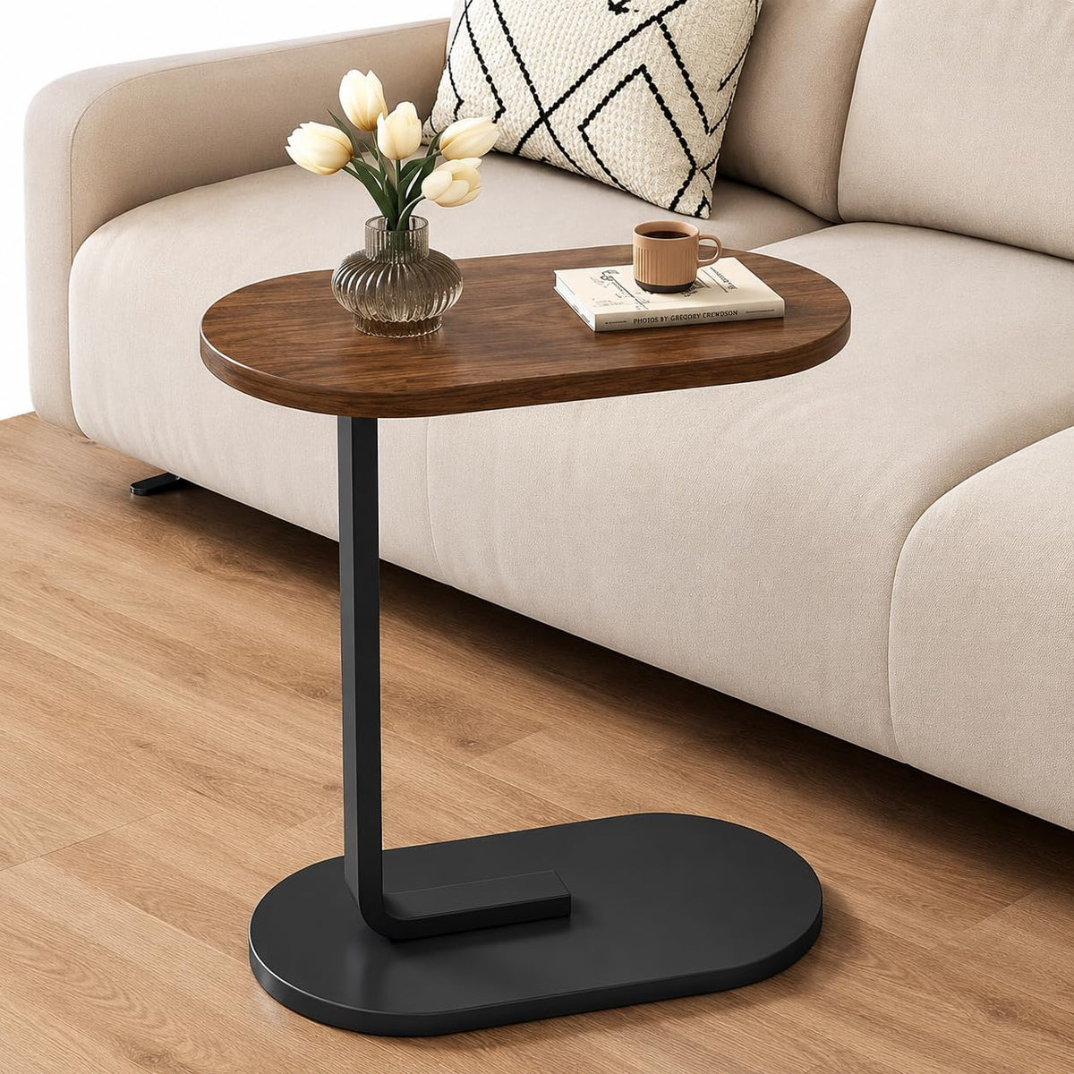 SKY-TOUCH C-Shaped End Table, Small Side Table for Couch, Sofa table, Perfect Snack Table with Metal Frame for Bedroom, Living Room & Small Spaces, Overbed Tables (Walnut) - 45x28x58.5cm