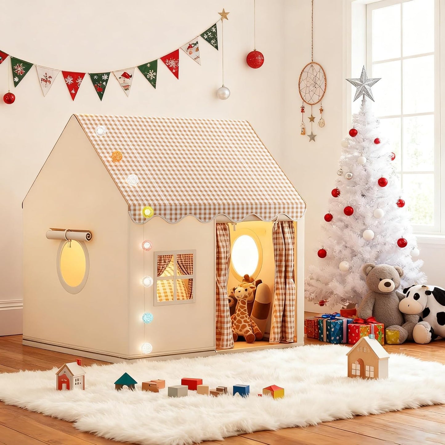 SKY-TOUCH Children's Indoor Play Tent, Princess Castle Playhouse, Suitable for Indoor and Outdoor Use, Includes cotton ball lamp, 120 * 105 * 128 cm, Washable and Foldable Comes with Portable Bag,Gray