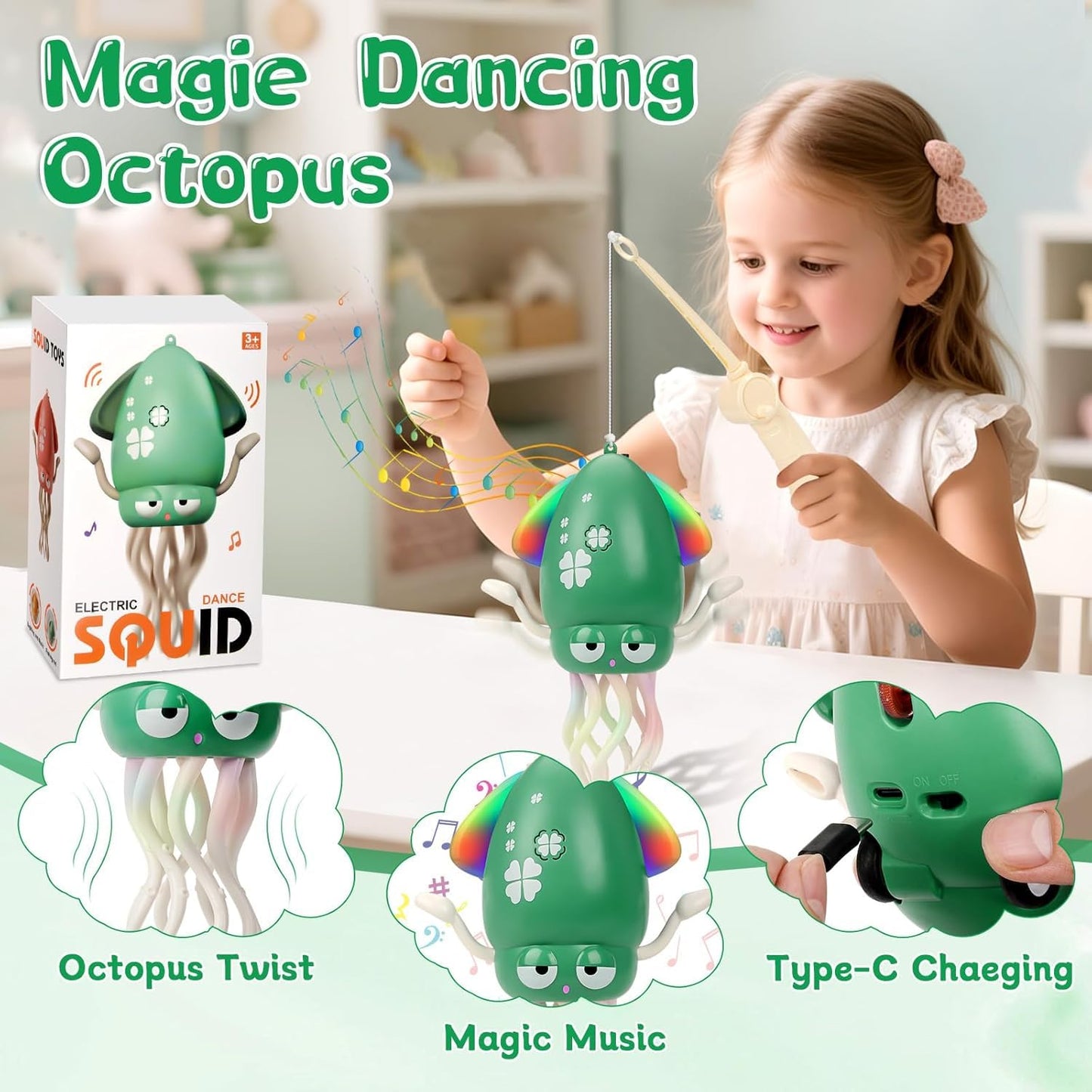 SKY-TOUCH Dancing Squid Toy, Rechargeable Crawling Octopus Toy with LED Light ＆ Music, Funny Electric Baby Sensory Toys, Magical Dancing Toys for 1 2 3 + Year Old Boys Girls