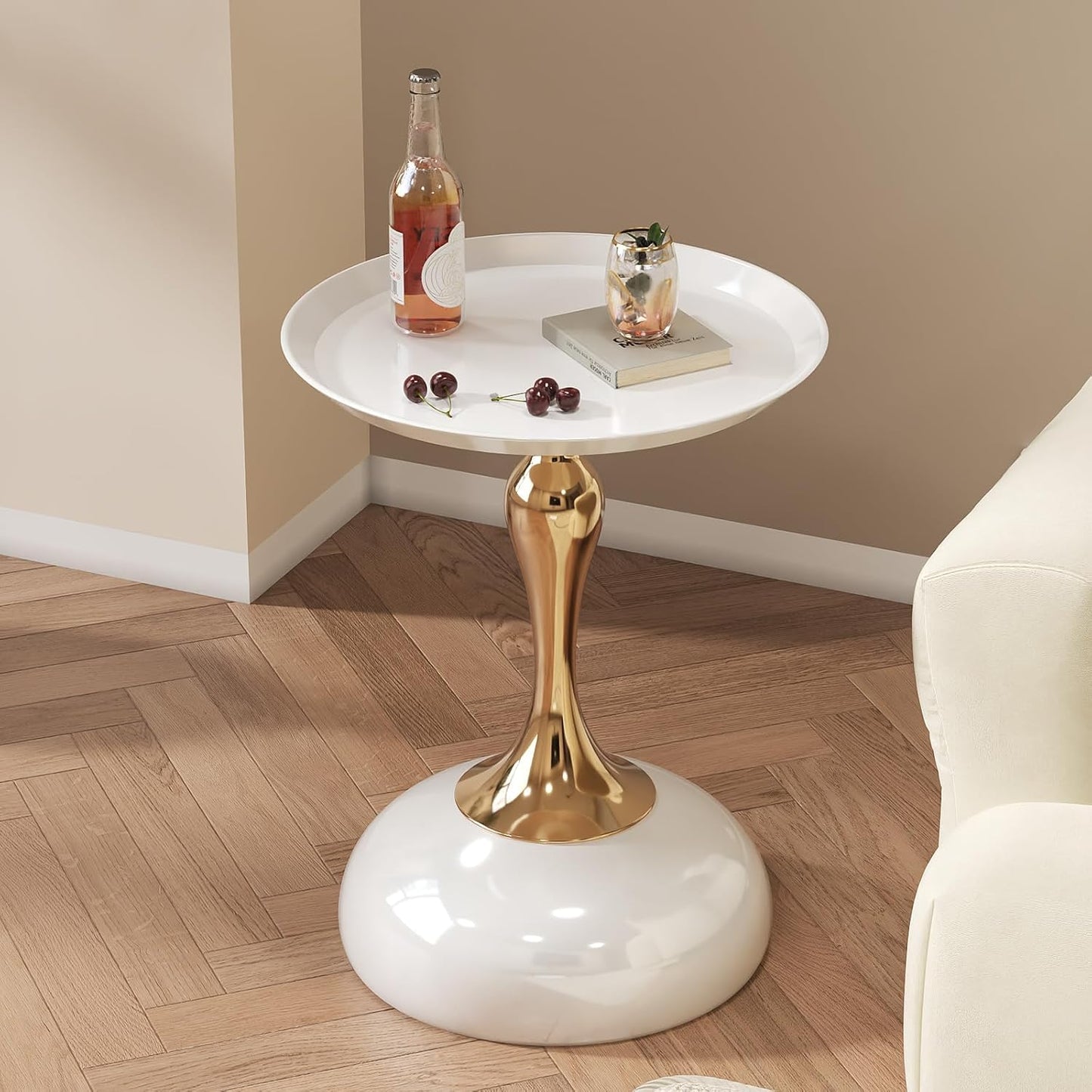 SKY-TOUCH Round Side Table, Slim-waisted Sofa Side Table, Modern Minimalist Style, Electroplated Metal Frame, Suitable For Small Spaces, Living Rooms, And Bedrooms, 39 * 39 * 55cm White