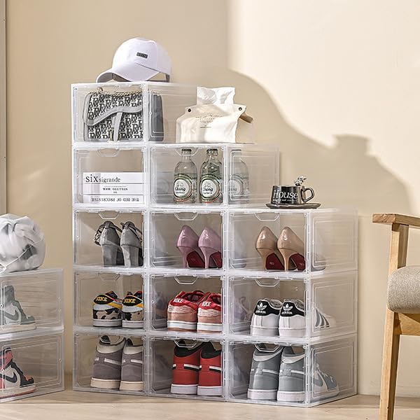 SKY-TOUCH Shoe Storage Box, 6 Pcs Shoe Box Clear Plastic Stackable, Sturdy Foldable Shoe Organizer Containers with Magnetic Door for Women/Men, White, 33.5x25x18cm