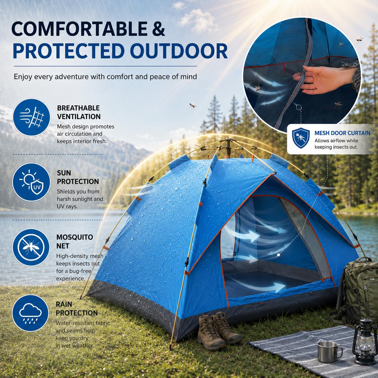 SKY-TOUCH Portable Camping Tent 2-3 Person, 150×200×130cm Lightweight Double Door Tent with Waterproof Fabric, UV Protection, Breathable Mosquito Mesh, Easy Setup Shelter for Camping, Hiking (Blue)