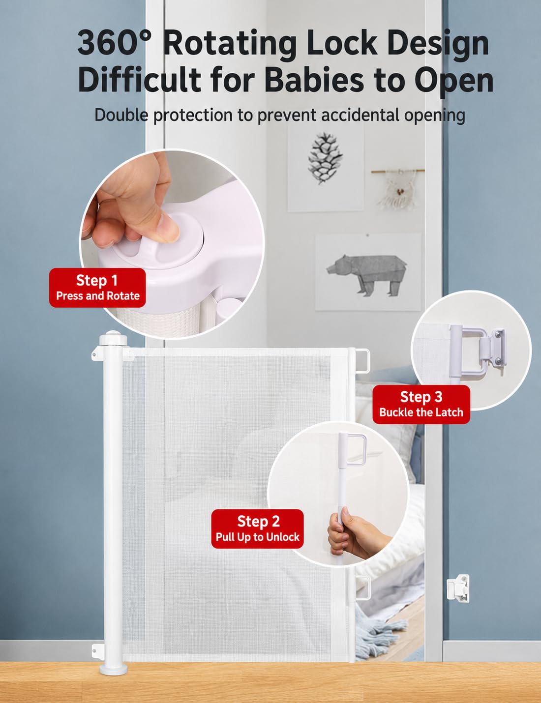 SKY-TOUCH Retractable Baby Safety Gate (300 x 86 cm Mesh Pet Gate) – Drill-Mount Installation, Adjustable Width Suitable for Stairs, Doorways, and Hallways, Black