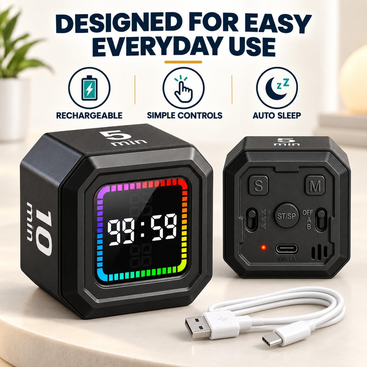SKY-TOUCH Cube Timer, Flip Gravity Visual Timer with 5/10/25/45 Min Presets, Custom Count Up/Down, Magnetic Back, Rechargeable, 3 Alert Modes for Study, Work, Cooking (Black)