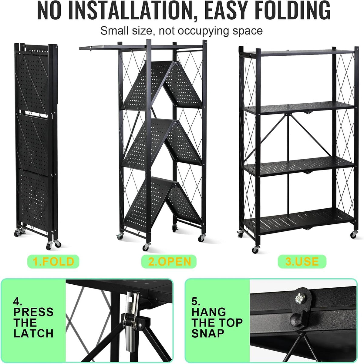 SKY-TOUCH 4 Tier Thickened Foldable Storage Shelves with Wheels, Heavy-Duty Metal Standing Shelf Units, Large Capacity Storage Racks for Kitchen, Garage, Basement, Tool Room, No Assembly (Black)