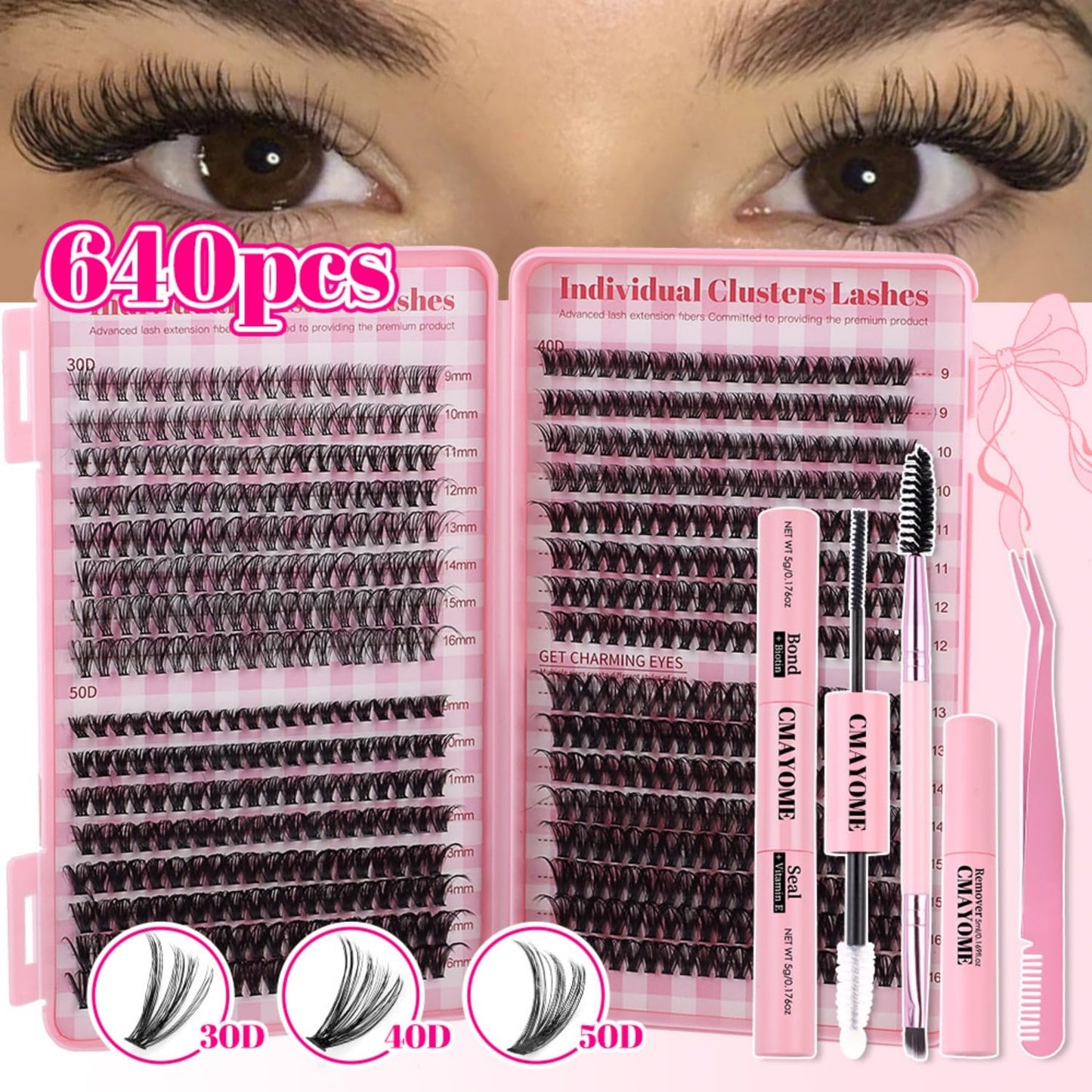 SKY-TOUCH Lash Clusters Kit 640 Pcs, False Lashes DIY Lash Extension 9-16mm 30D+40D+50D Curvature Individual Lashes, Eyelash Kit with Lash Bond, Lash Tweezers, Eyelash comb, Seal Lash remover