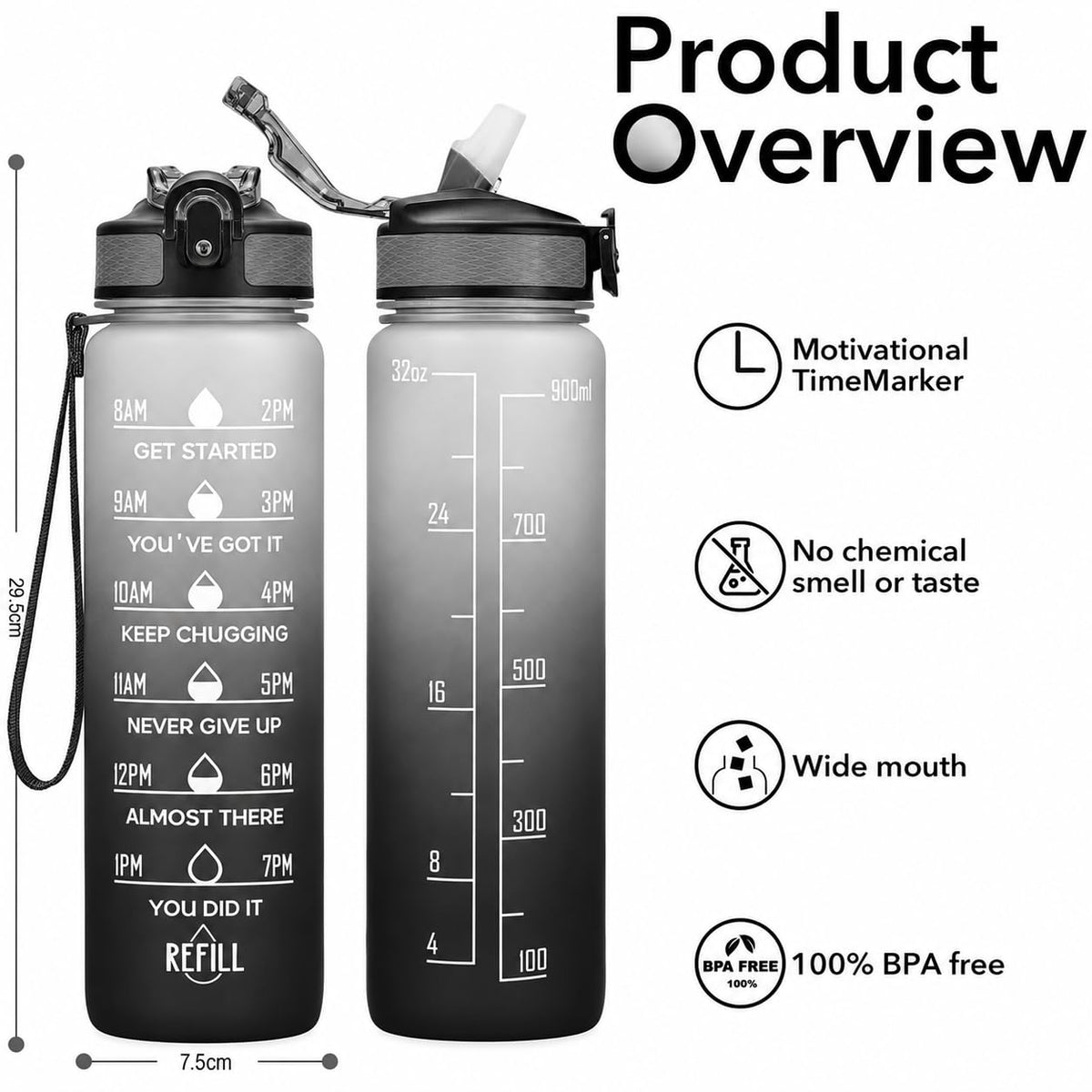 SKY-TOUCH 1L Sports Water Bottle : Motivational Water Bottle with Time Marker and Straw Leakproof Water Bottles for Fitness Gym and Outdoor Sports Black&White
