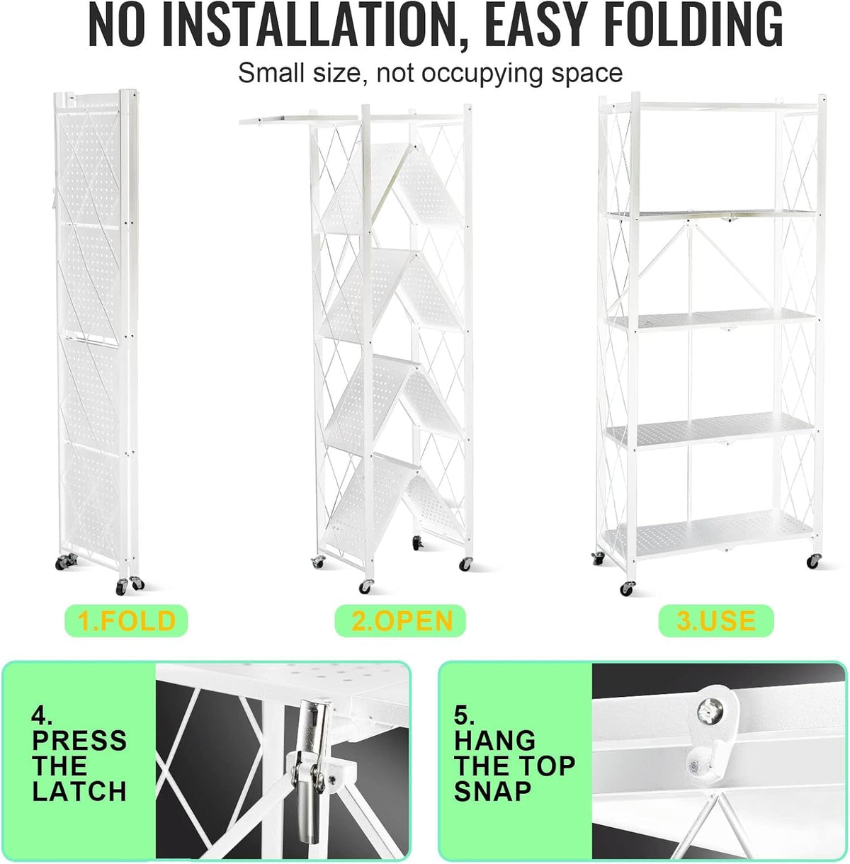 SKY-TOUCH 5 Tier Thickened Foldable Storage Shelves with Wheels, Heavy-Duty Metal Standing Shelf Units, Large Capacity Storage Racks for Kitchen, Garage, Basement, Tool Room, No Assembly (White)