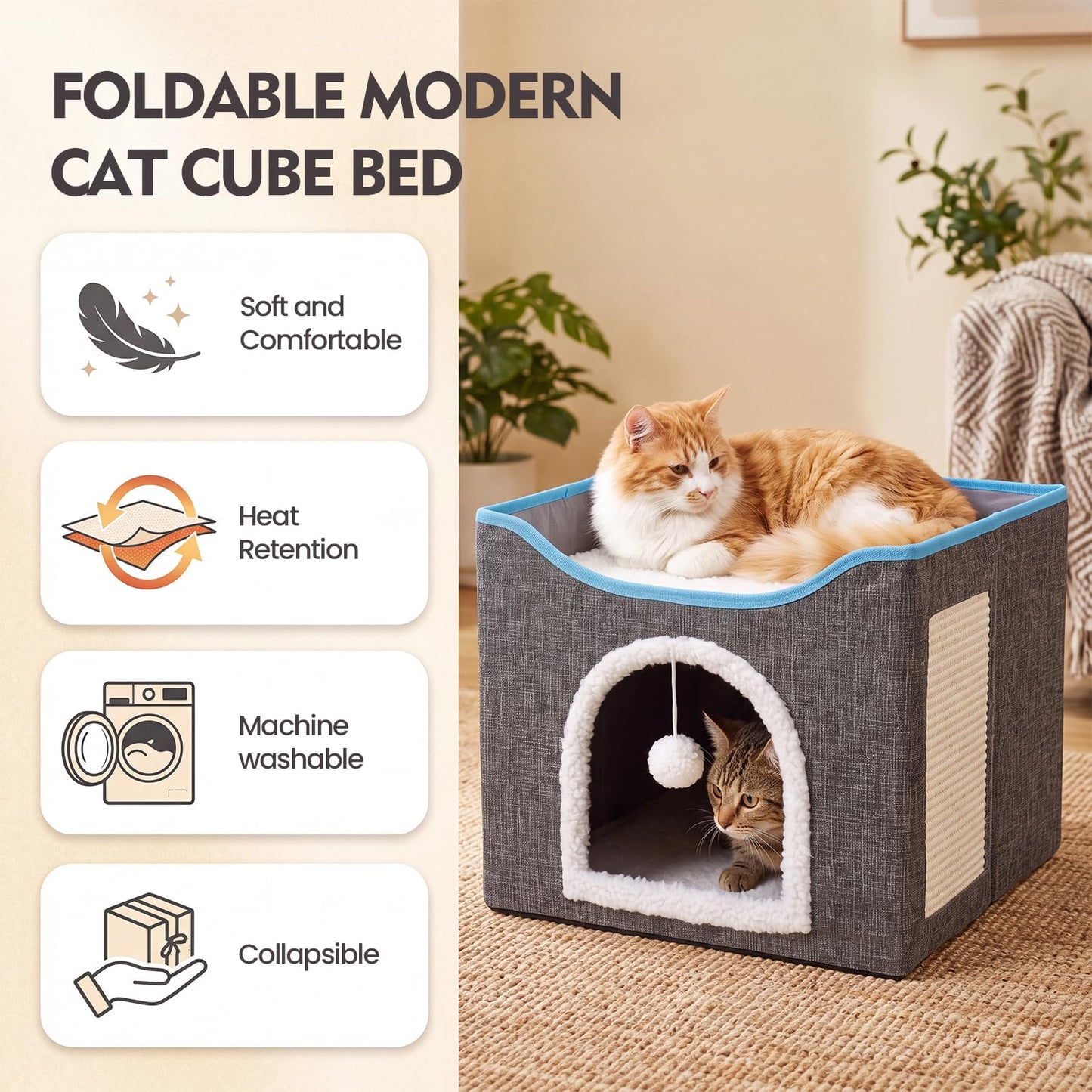 SKY-TOUCH Foldable Cat House Cave Bed with Scratching Board & Fluffy Ball, Indoor Cat Igloo Bed for Multi Small Pets, Grey – Pet Safe Durable, 41x41x35cm