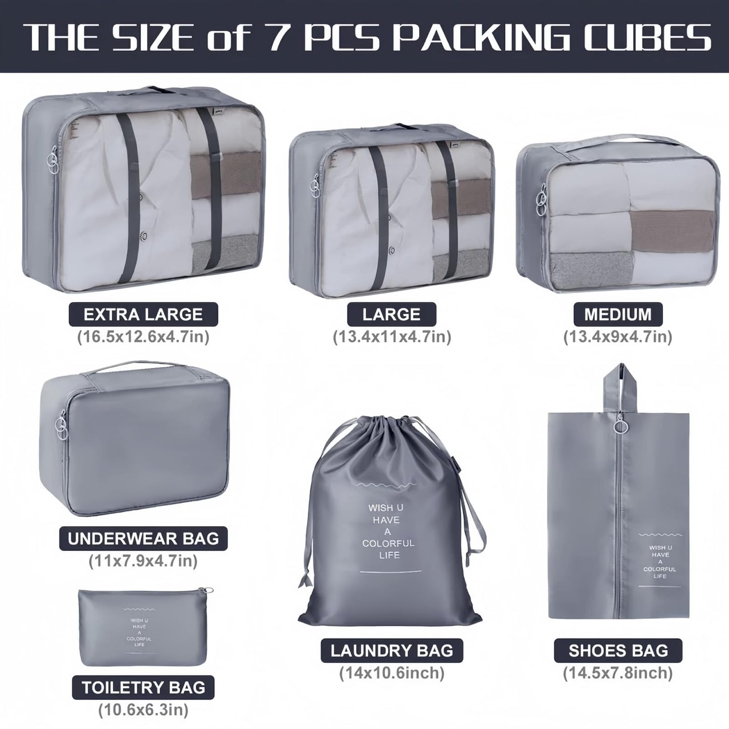 SKY-TOUCH Travel Packing Cubes,Traveling Accessories,Luggage Packing Organizers Set,Waterproof Laundry Bag,Storage Bag for Travel,Breathable Mesh,pack of 7 pieces, Grey