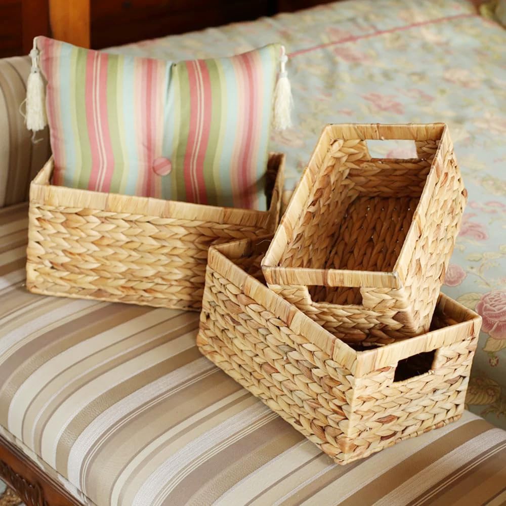 SKY-TOUCH Wicker Storage Baskets Set of 3, Handwoven Paper Rope Baskets with Wooden Handles, Decorative Organizer for Tabletop, Cabinet, Shelf, Pantry and Home Storage