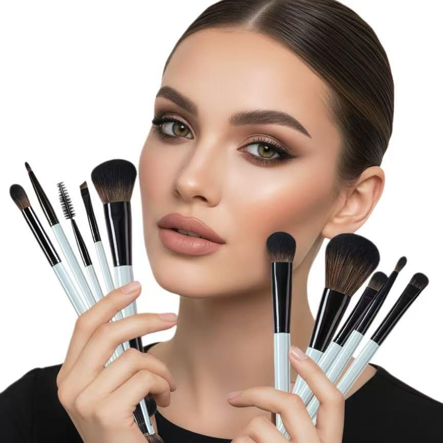 SKY-TOUCH 10 PCS Makeup Brush Set, Soft Double Sided Foundation Contour Blush Highlight Blending Eyebrow Brush Eyeshadow Eyeliner Concealer Brush Beauty Tools, Bright Cyan