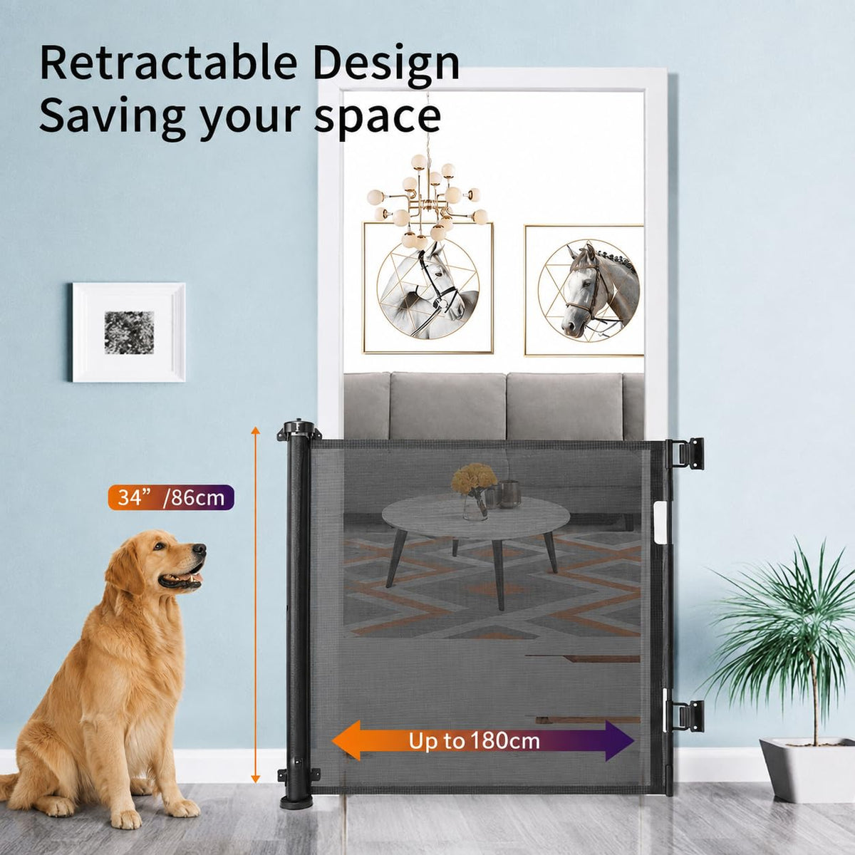 SKY-TOUCH Retractable Baby Safety Gate (180 x 86 cm Mesh Pet Gate) – Drill-Mount Installation, Adjustable Width Suitable for Stairs, Doorways, and Hallways, Grey