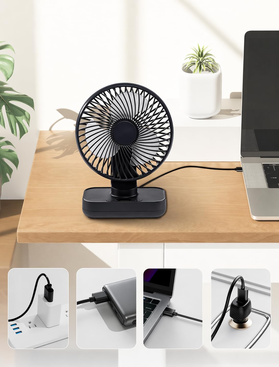 SKY-TOUCH Desk Fan, Portable Table Fan with 4 Adjustable Speed Control, Adjustable Angle and Wind Direction, Rechargeable 4000 mAh for Desk, Office & Travel, Black, 13.8 * 7.5 * 18.3 cm