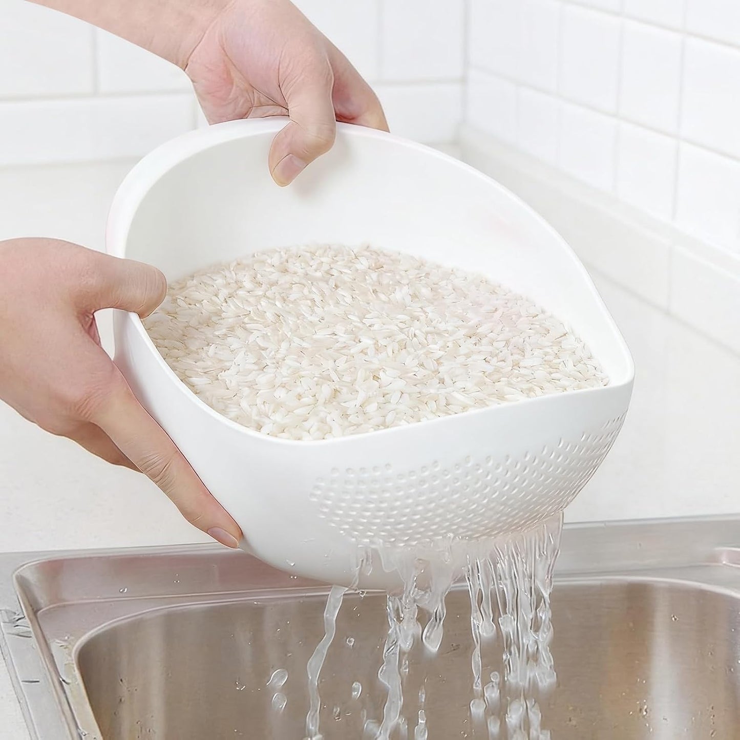 SKY-TOUCH Rice-Washing and Draining Bowl — Suitable for Washing Vegetables, Fruits, Pasta, etc.; Combines Washing and Storage Functions, 23 * 19 * 13 cm(White)