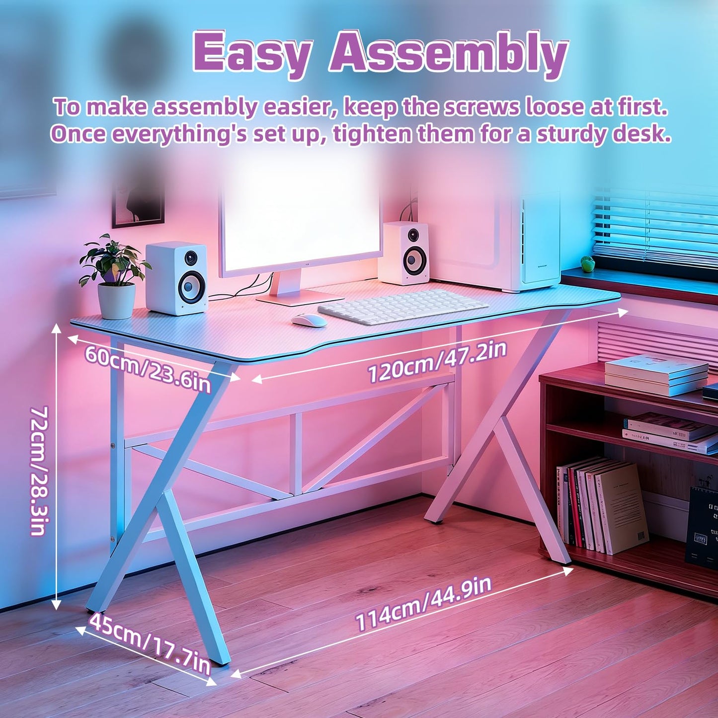 SKY-TOUCH 120x60cm Gaming Computer Desk, Home Office Computer Desk, Minimalist style Gamer Desk with Carbon Fiber Desktop K-Shaped Ergonomic Computer Desk for Home Office,White