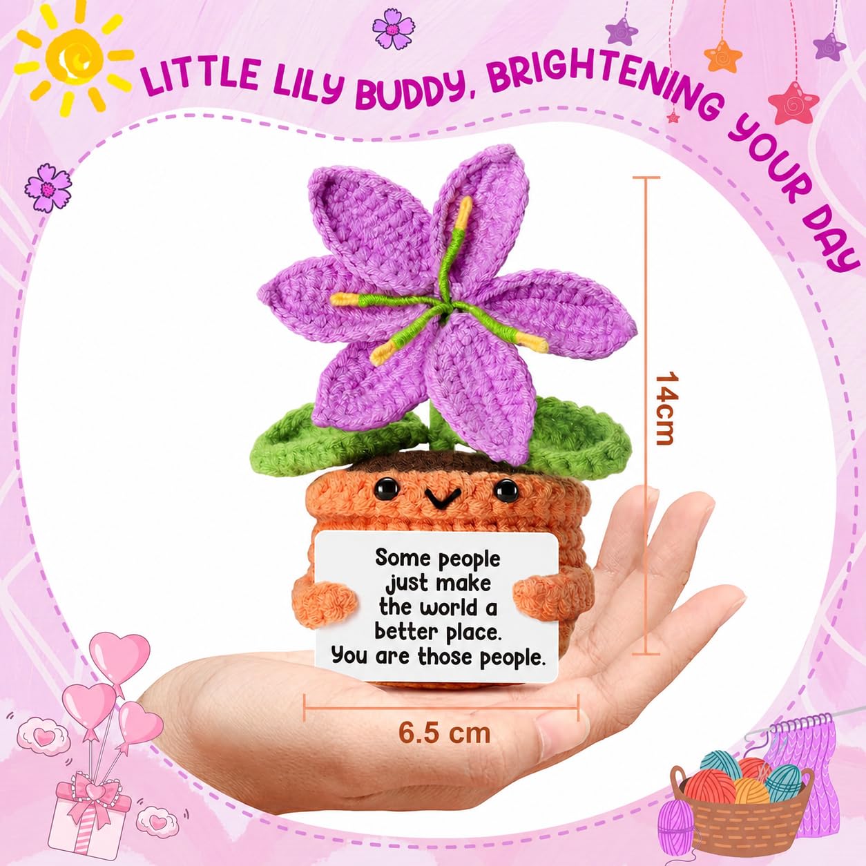 SKY-TOUCH Crochet Doll, Plush Purple Lily With a Bonus Positive Energy Card A Handmade Crocheted Gift of Gratitude, Encouragement, And Support This Crocheted Emotional Support