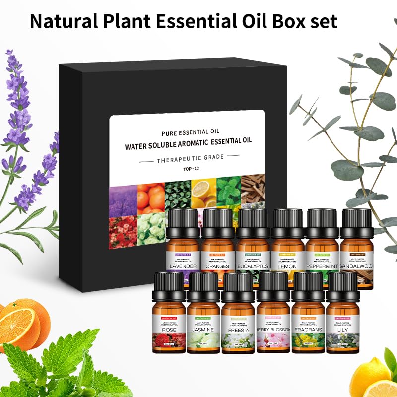 SKY-TOUCH Essential Oils Set, Premium Pure Oil for Diffusers, 100% Therapeutic Grade Aromatherapy Oils, Bottles*10mL x 12 for Sleep, SPA, Relaxation, Ideal for Diffuser & Humidifier - 12 Flavors