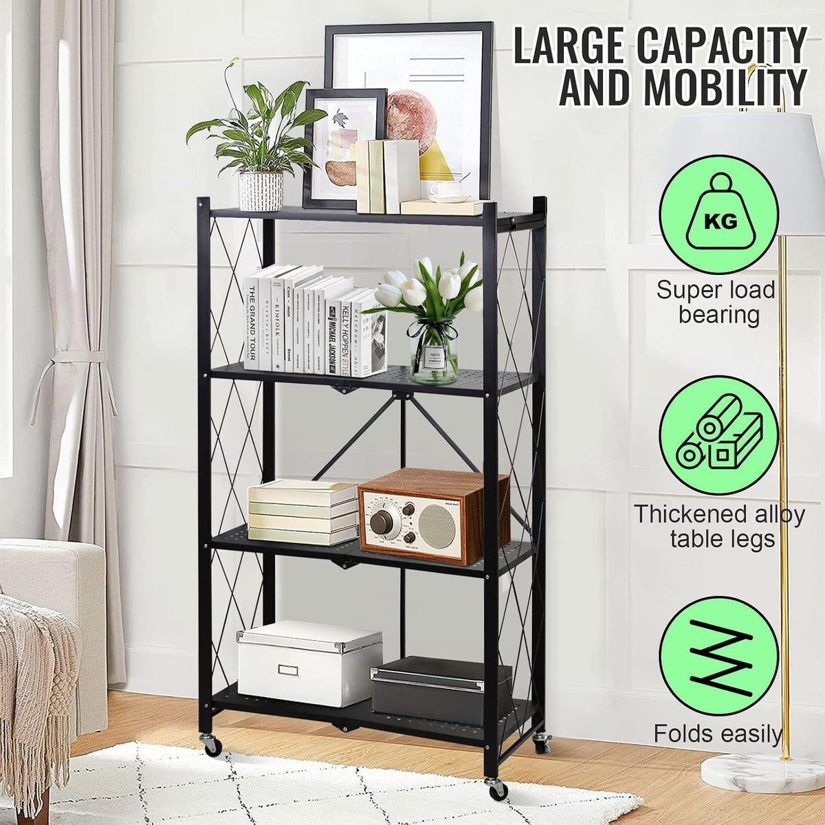SKY-TOUCH 4 Tier Thickened Foldable Storage Shelves with Wheels, Heavy-Duty Metal Standing Shelf Units, Large Capacity Storage Racks for Kitchen, Garage, Basement, Tool Room, No Assembly (Black)