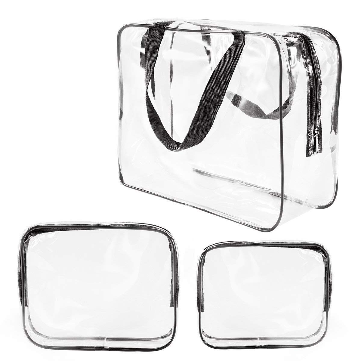3Pcs Clear Cosmetic Bag Vinyl Air Travel Toiletry Bags Bulk, Water Resistant PVC Packing Cubes with Zipper Closure & Carry Handle for Women Baby Men, Make up brush Case Beach Pool Spa Gym Bag, Black