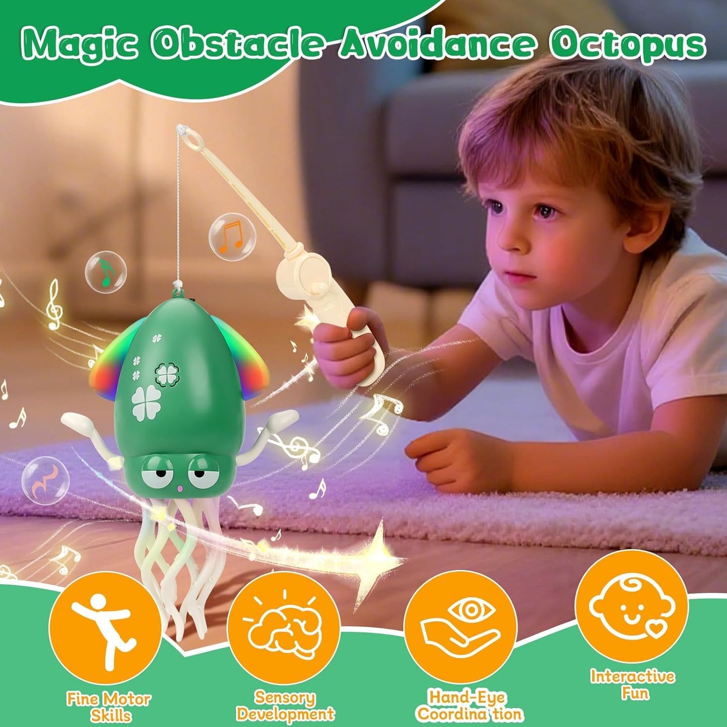 SKY-TOUCH Dancing Squid Toy, Rechargeable Crawling Octopus Toy with LED Light ＆ Music, Funny Electric Baby Sensory Toys, Magical Dancing Toys for 1 2 3 + Year Old Boys Girls