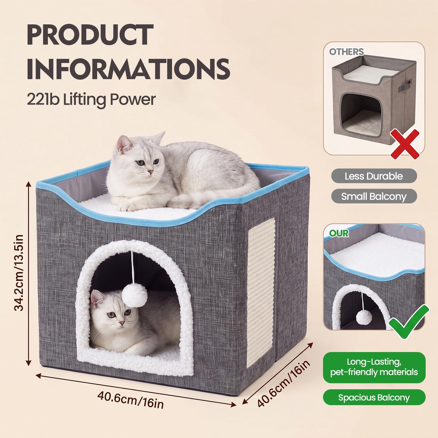 SKY-TOUCH Foldable Cat House Cave Bed with Scratching Board & Fluffy Ball, Indoor Cat Igloo Bed for Multi Small Pets, Grey – Pet Safe Durable, 41x41x35cm