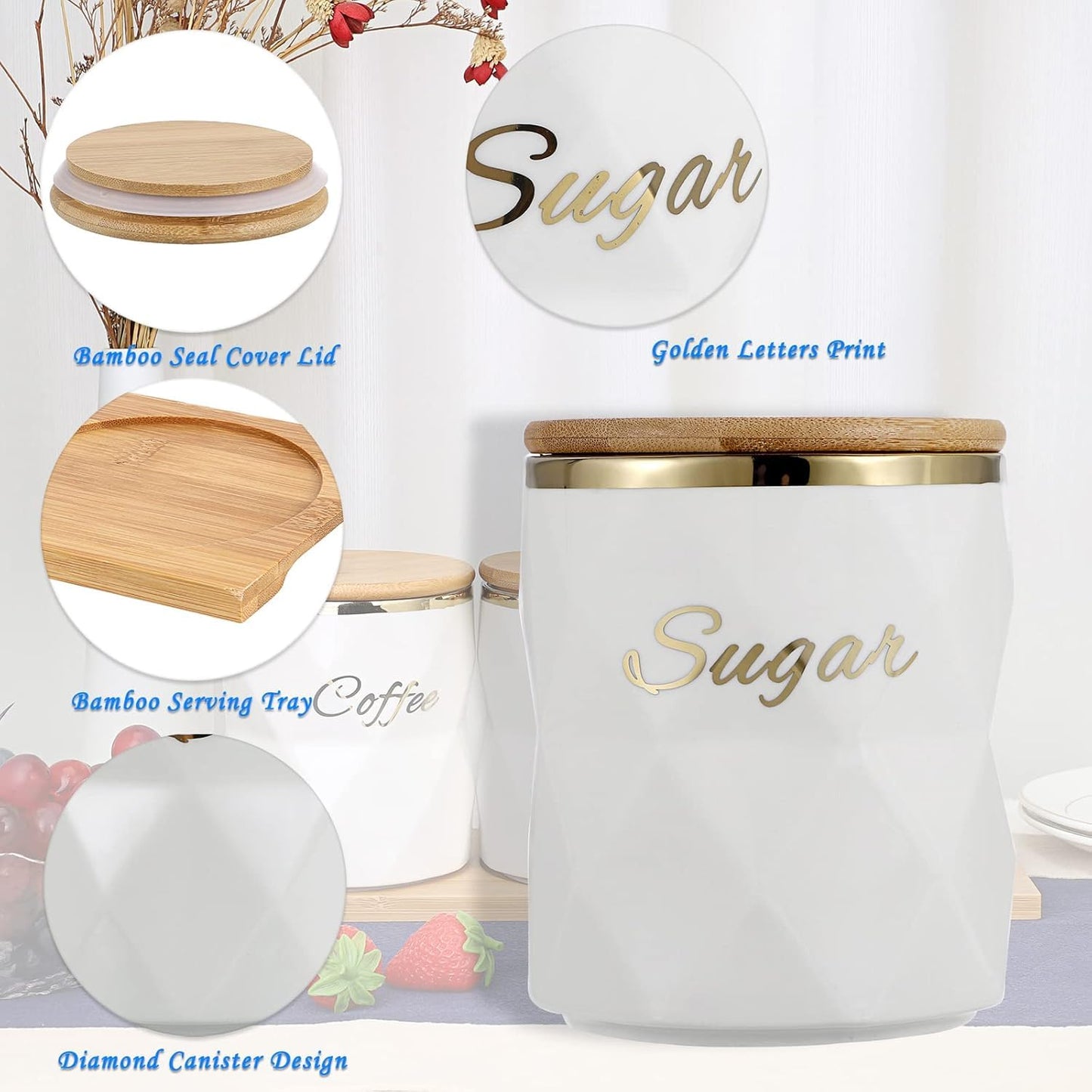 SKY-TOUCH Ceramic Canisters Set of 3 - Airtight Storage Jars for Sugar, Coffee & Tea | Elegant Kitchen Counter & Dining Room Decor with Lids