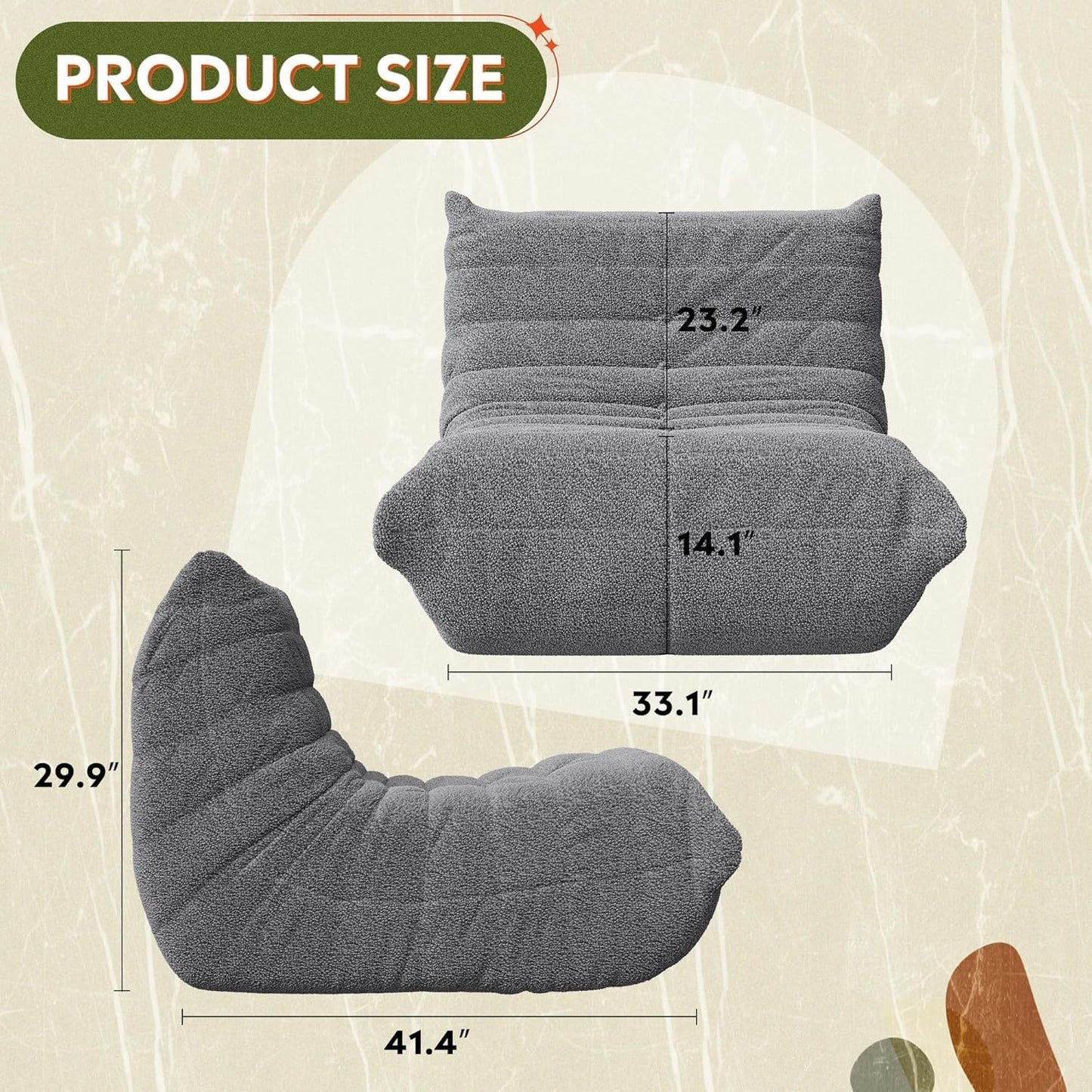 SKY-TOUCH Caterpillar Lazy Sofa, Bean Bag Chair, Sofa Chair, Fainting Couch, Oversized Soft Skin-Friendly Floor Lounge Chair for Living Room Bedroom Salon Office, Single, Grey - 105x90x80cm