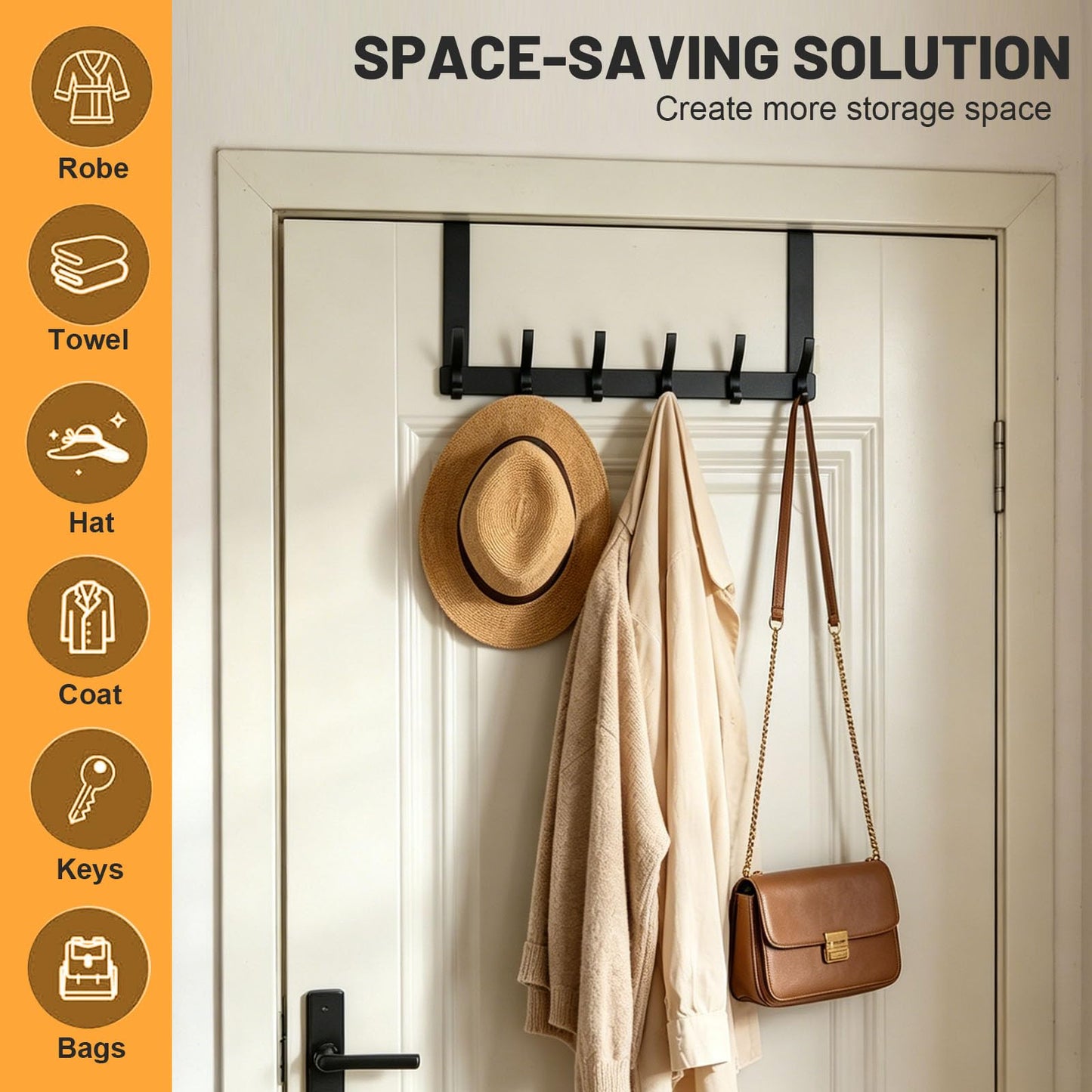 SKY-TOUCH Over Door Hook Hanger 6 Hooks, for Hanging Clothes, Hats, Coats, Towels, Robes - Rust Resistant Door Hanger with 6 Hooks, 20KG Maximum load, Aluminum, 40x18cm