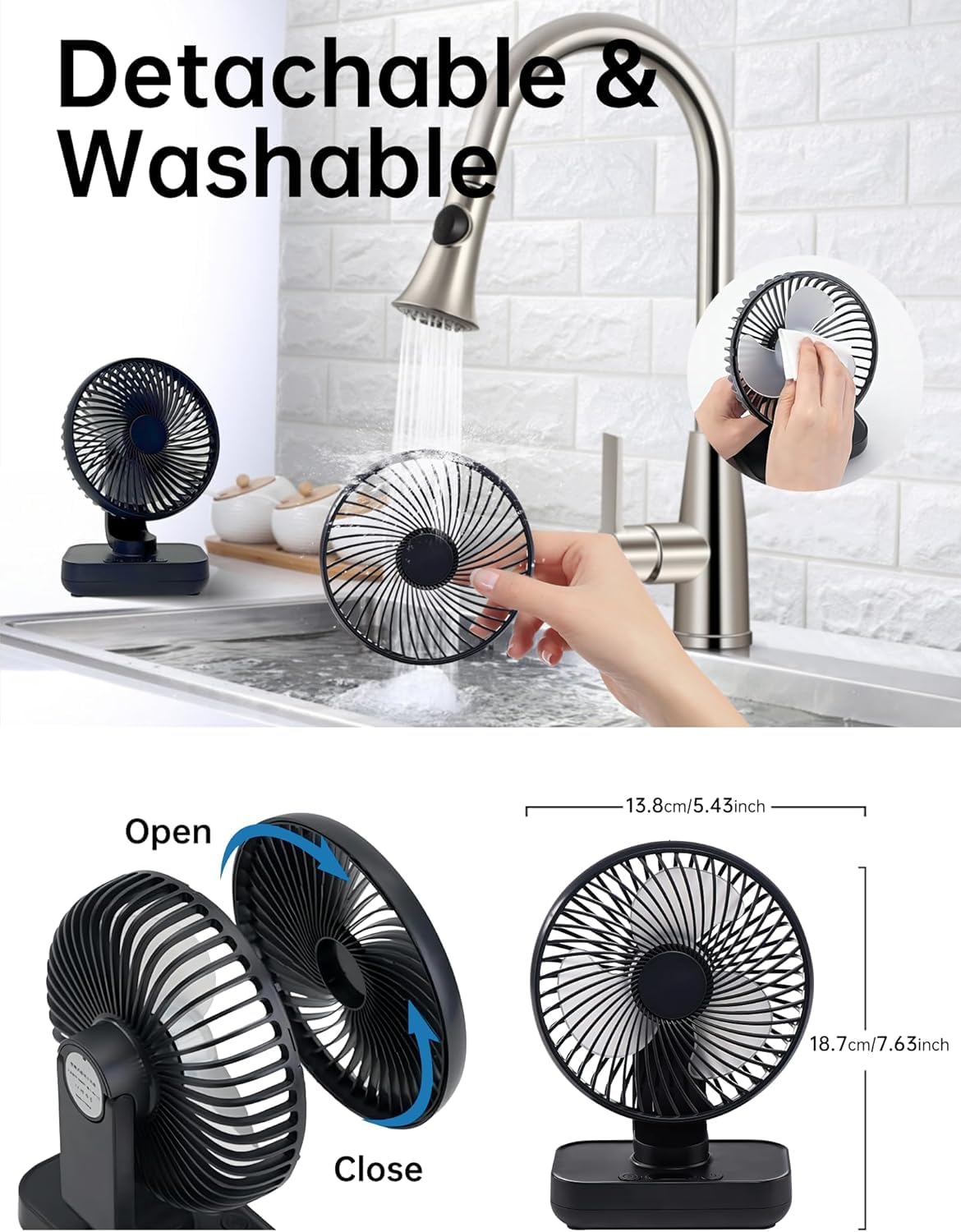 SKY-TOUCH Desk Fan, Portable Table Fan with 4 Adjustable Speed Control, Adjustable Angle and Wind Direction, Rechargeable 4000 mAh for Desk, Office & Travel, Black, 13.8 * 7.5 * 18.3 cm
