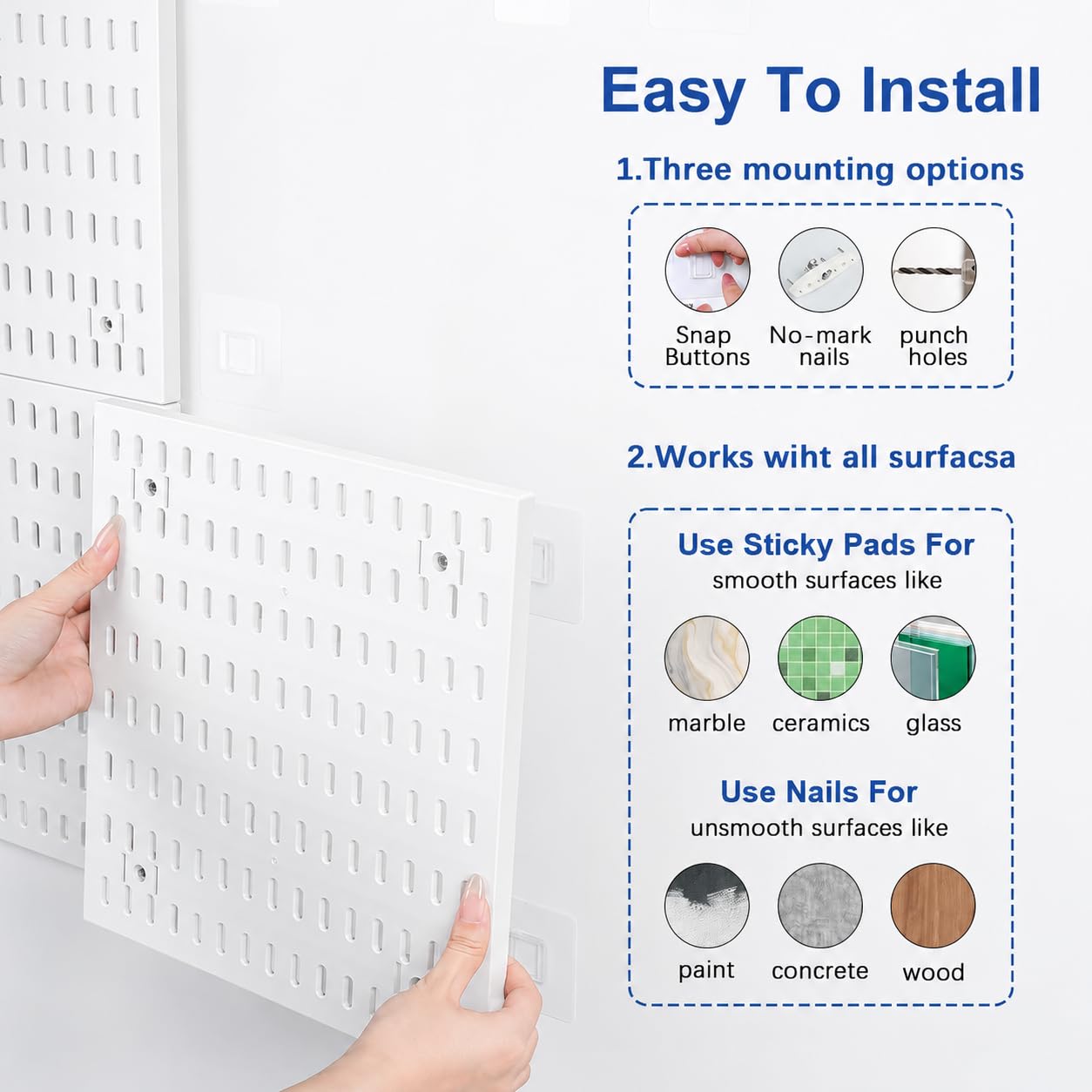 SKY-TOUCH Modular Pegboard Wall Organizer Kit - 2 Pegboards, 10 Accessories, No Drill Installation, Space-Saving Storage & Display for Kitchen, Office, Bathroom (White)